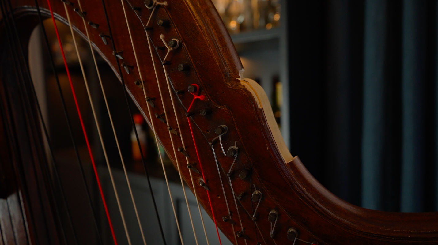 lose-up of a harp neck showing a non-functional string and action setup, used as a filming prop for the Emily Dickinson Apple TV show. This inaccurate configuration was designed for visual effect only.