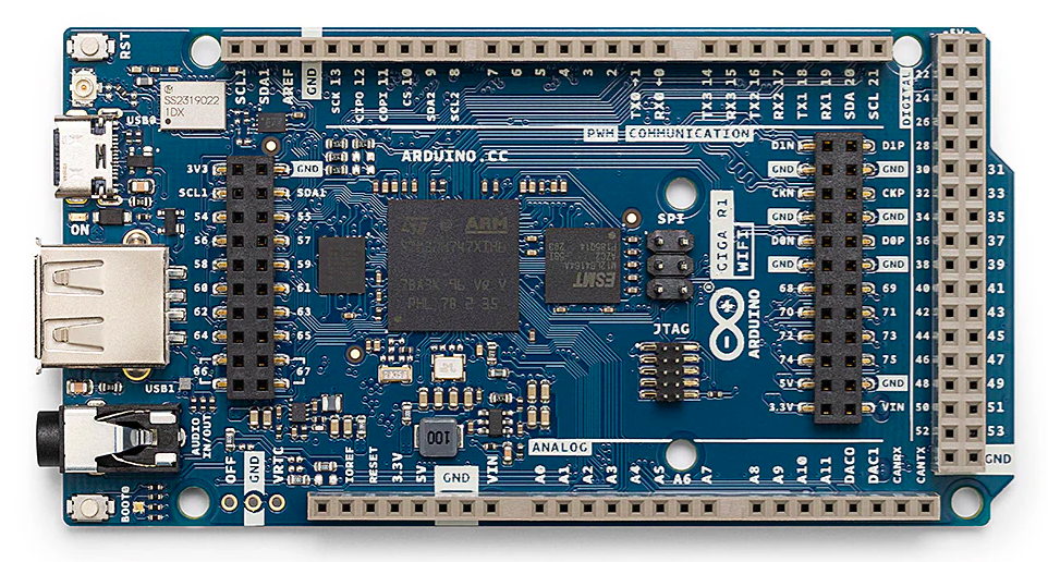 Arduino Uno R3 microcontroller board showing ports, pins, and electronic components. An Arduino Uno was used in early OpenPedal development before upgrading to higher processing power.